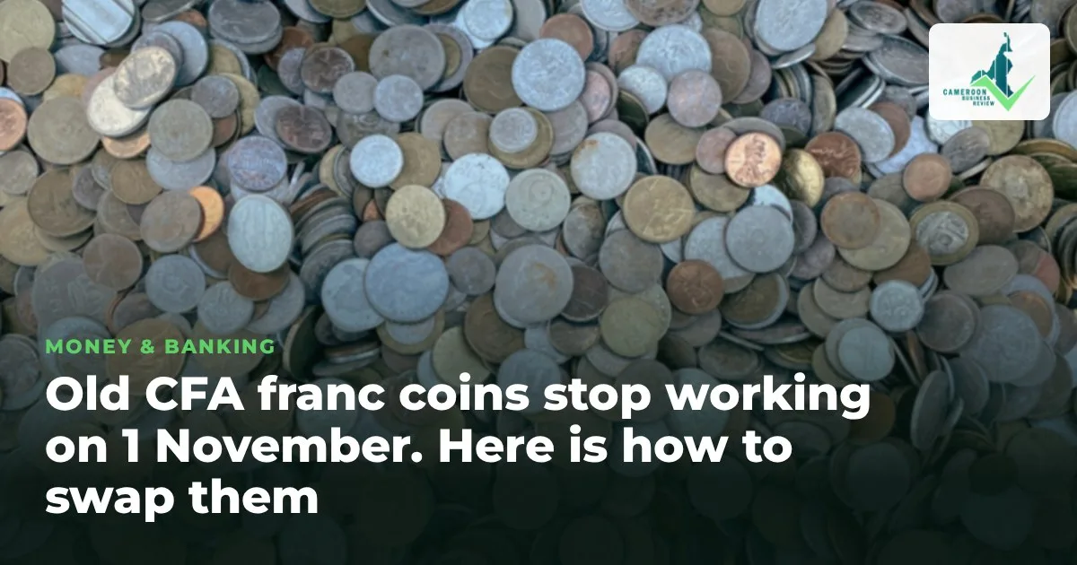 A pile of worn metal coins under a dark gradient with a headline about old CFA franc coins being withdrawn